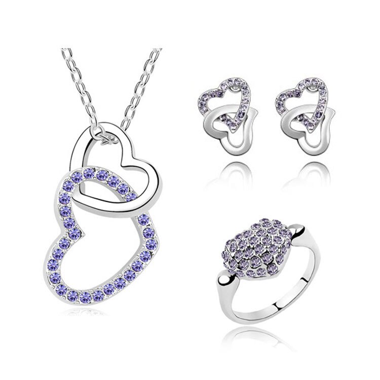 Jewelry Sets Accessories Heart Necklaces Earrings Ring with FULL Austrian Crystal Rhinestone For Woman Jewelry: purple