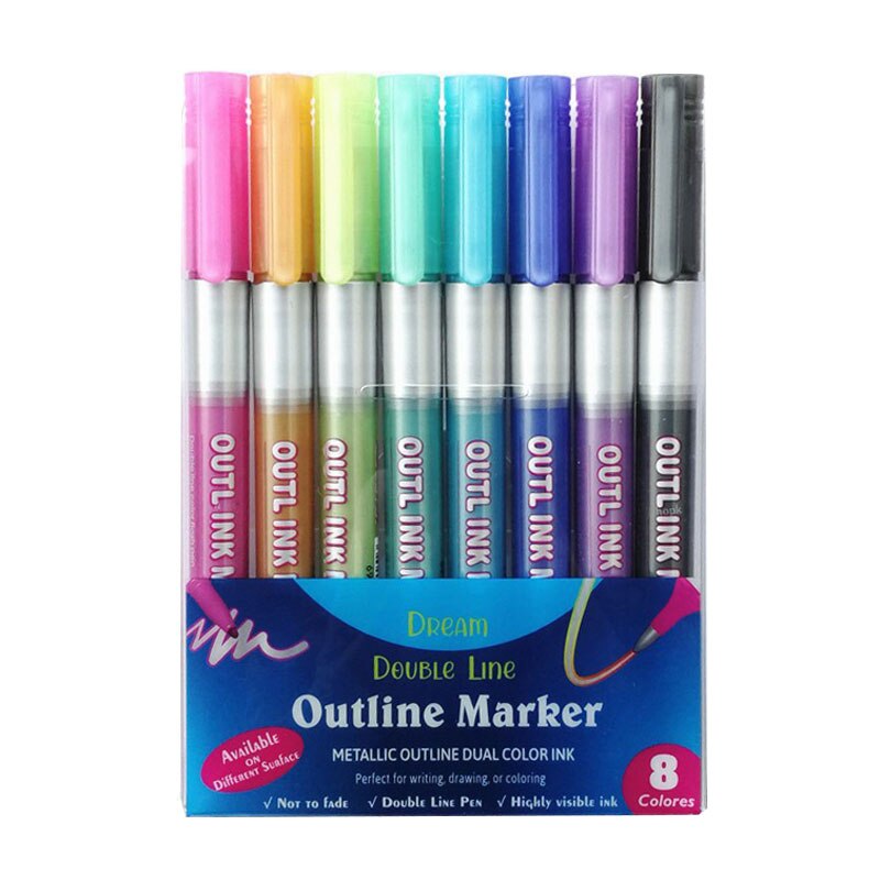 12 Color Metal Paint Marker Pen set Double Line Pen Outline Marker Glitter for Drawing Painting Doodling School Supplies: 1 set 8 Colors