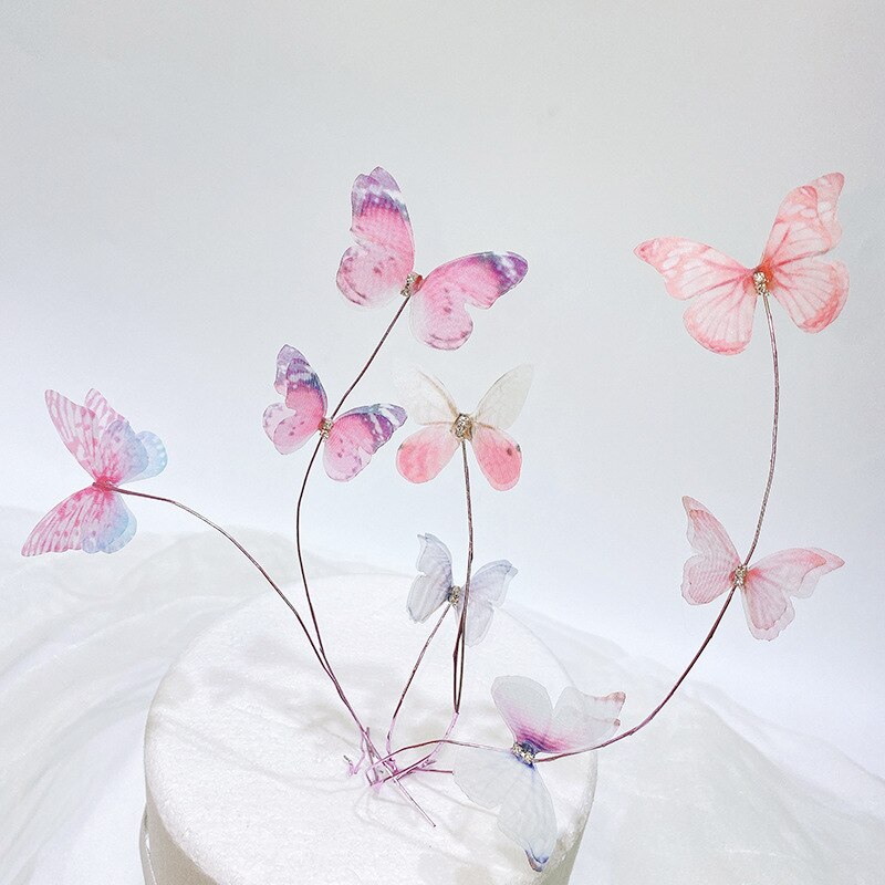 6Pcs Butterfly Cake Toppers Happy Birthday Handmade Wedding Party Dessert Baby Shower Cake Decoration DIY Baking Supplies: 8Pcs pink