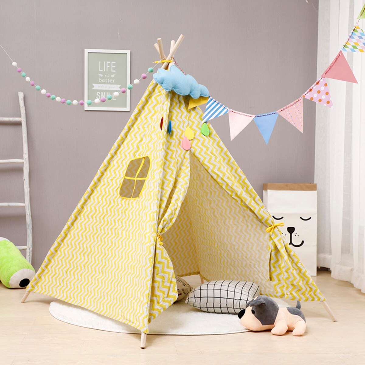 1.3m-Large Canvas Teepee Tent Kids Teepee Tipi with Grey Pom Poms Indian Play Tent House Children Tipi Tee Pee Tent NO MAT: Yellow wave