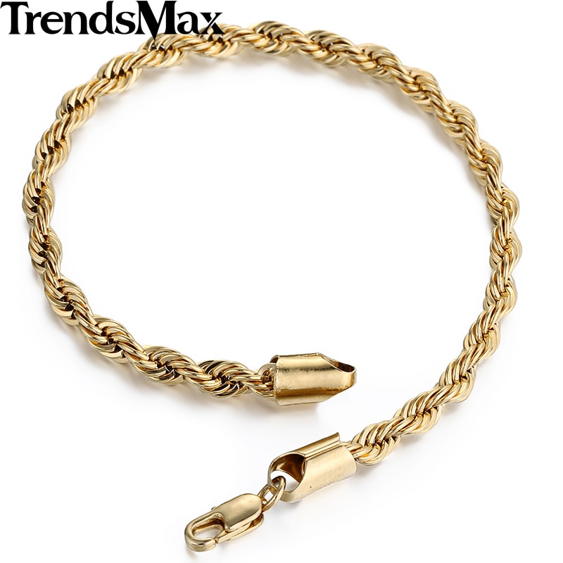 Trendsmax Touw Link Armband Mannen Vrouwen Gold Filled Armband Sieraden 4mm 19.5cm GB216