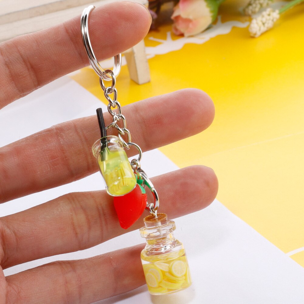 Mini Fruit juice Key Chains for women Summer Funny Drinks Keychain Best Friend Jewelry Bags Car Purse keyring