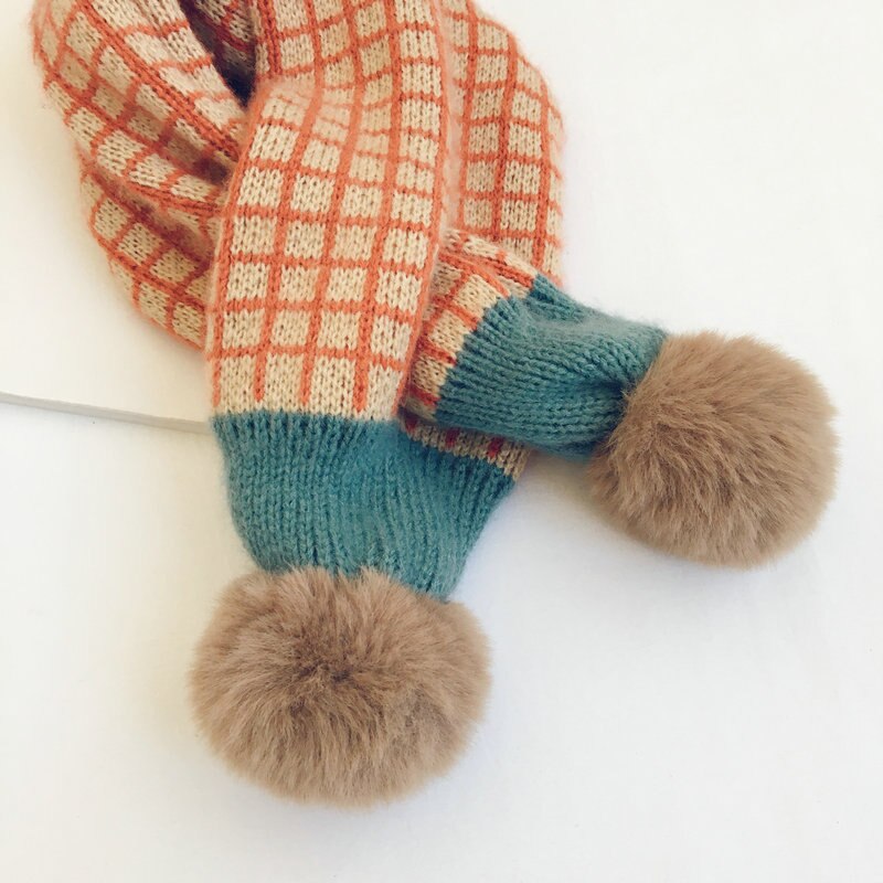Écharpe tricotée à pompon en fausse fourrure pour enfants, écharpe d&#39;hiver à carreaux pour garçons et filles, cache-cou, accessoires pour bébés