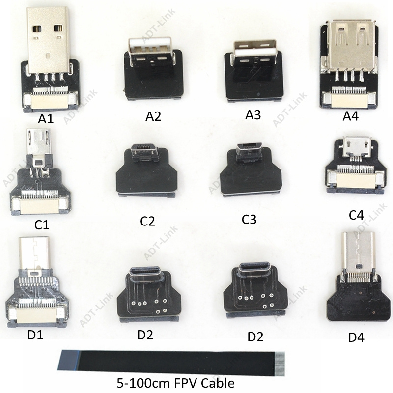 FPV Micro USB 3.1 Type-c 90 degree Adapter 5cm-100cm FPC Ribbon Flat USB Cable Pitch 20pin for Multicopter Aerial Photography