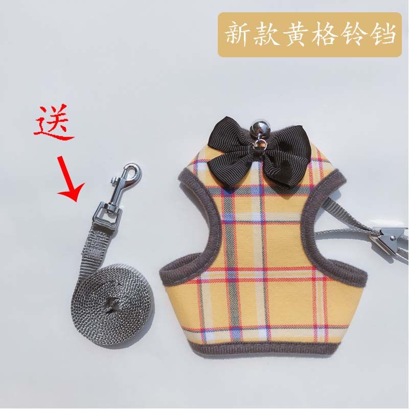 Cat's special traction rope walking cat rope cat chain to prevent from breaking free chest strap traction belt cat rope pet: Yellow Lattice Bell / Cats with S-6 Kg