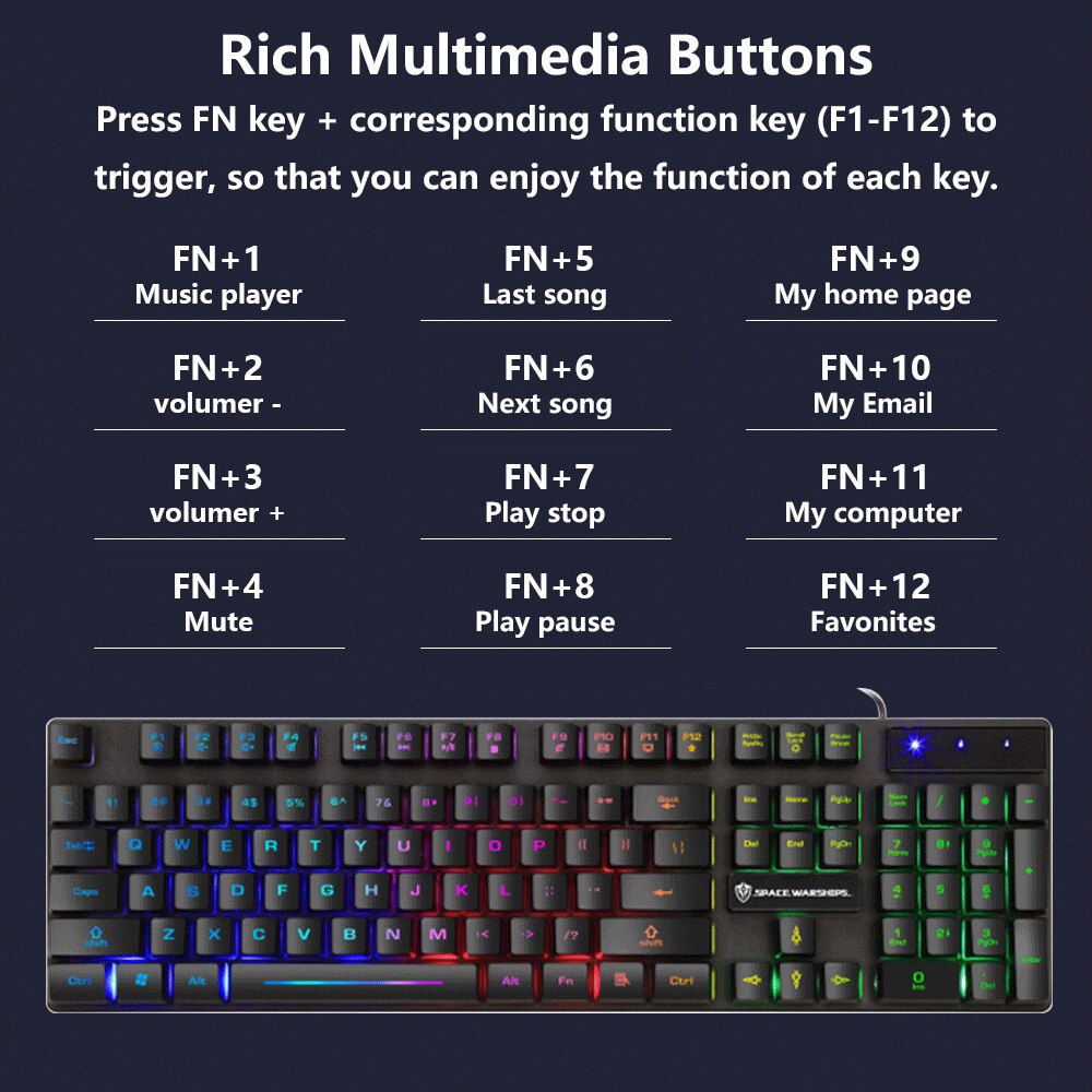 Gaming toetsenbord muis gamer regenboog achtergrondverlichting usb bedraad ergonomisch toetsenbord mechanisch gevoel voor thuiskantoor pc computer