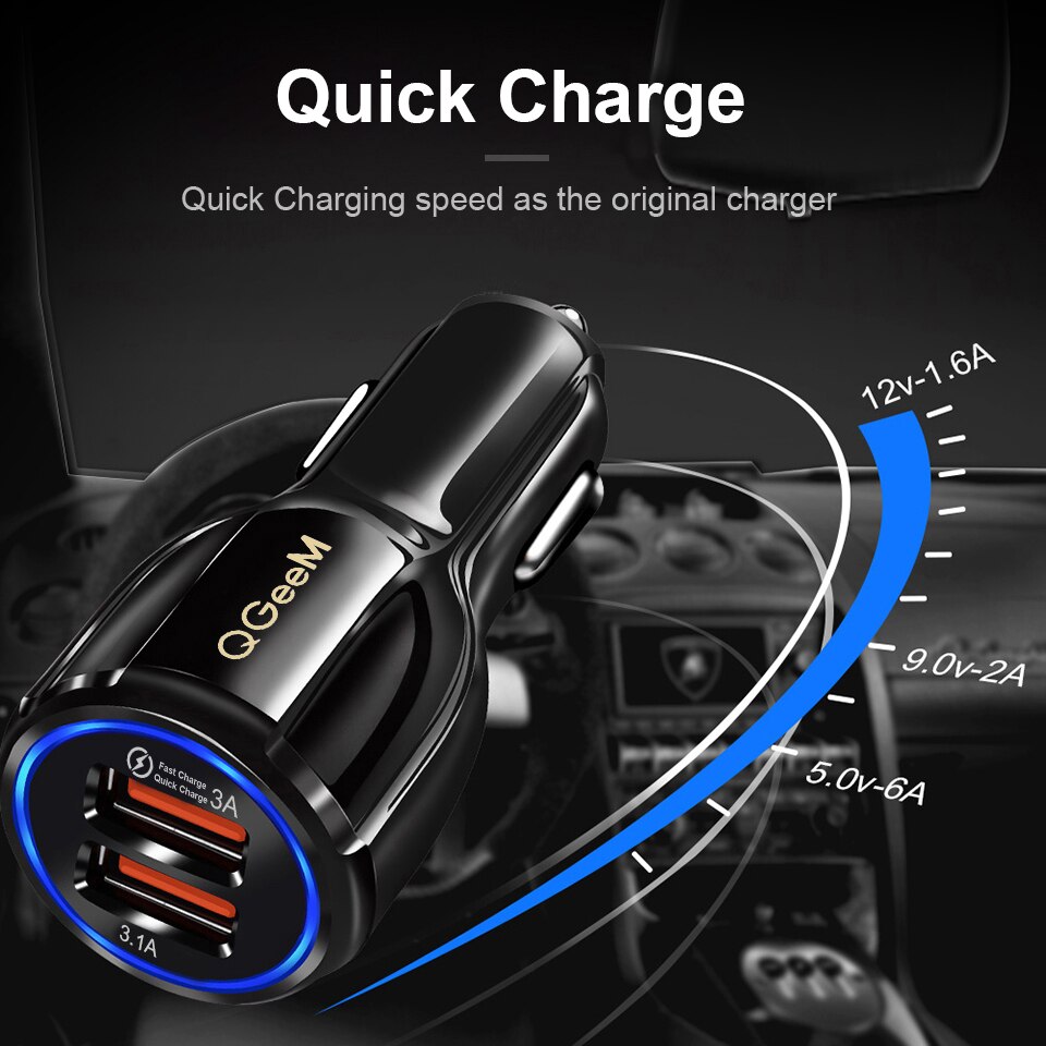 QGEEM-cargador Dual USB QC 3,0 para coche, dispositivo de carga rápida 3,0, 2 puertos USB, portátil, para iPhone y Xiaomi