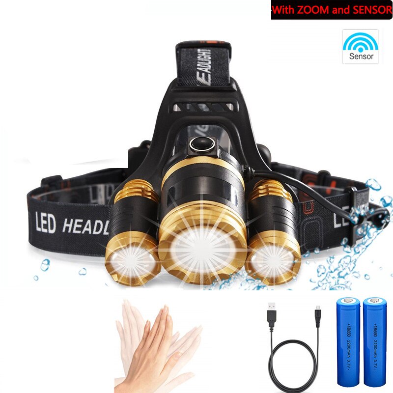 6000 Lumen 3 Leds Koplamp Vissen Koplamp T6 4Modes Draagbare Zoomable Waterdichte Headtorch Camping Wandelen Met Usb-kabel: Package C