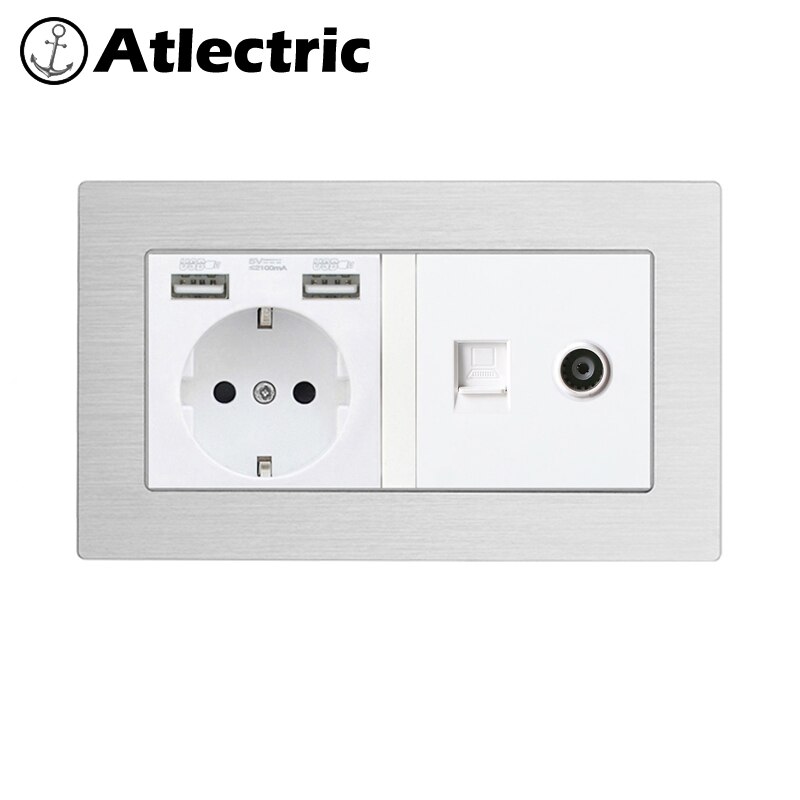 Atlectric DE EU RU Plug Wall Socket With LED Indicator Dual USB, RJ45, TV Port Double Socket Power Outlet Metal Panel 146mm*86mm