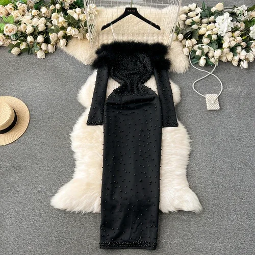 Dam chic fluffig lapptäcke rhinsten långärmad bodycon-klänning med snedskuren halsringning och smal höft- och omlottklänning: L / Svart