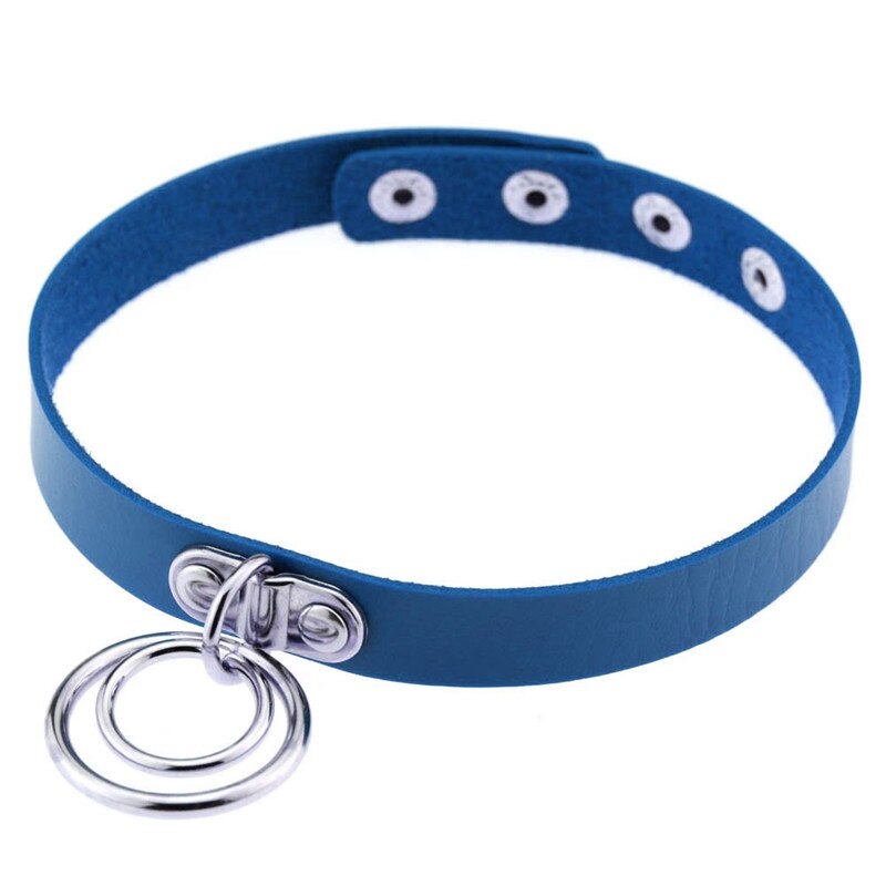 Popular Choker Collar Necklace Double Ring O Leather Gothic Bracelet Women: royal blue