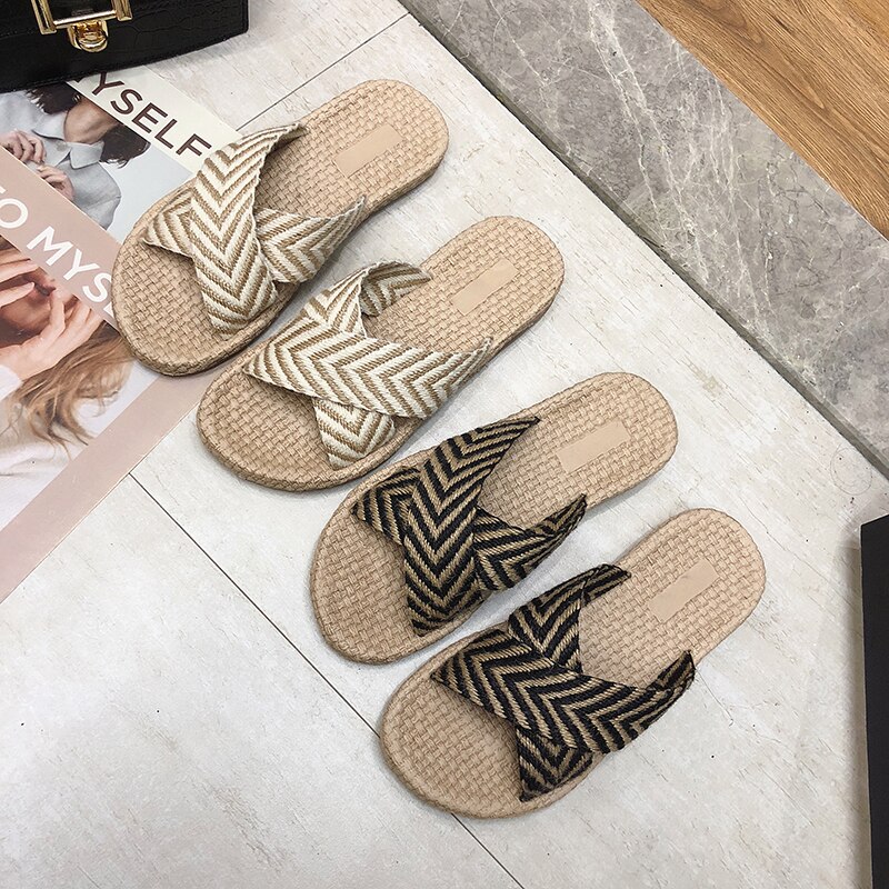 Väv kors sommar tofflor dam strand tofflor skor boho havsflip flops sandaler avslappnad halkfria glidskor