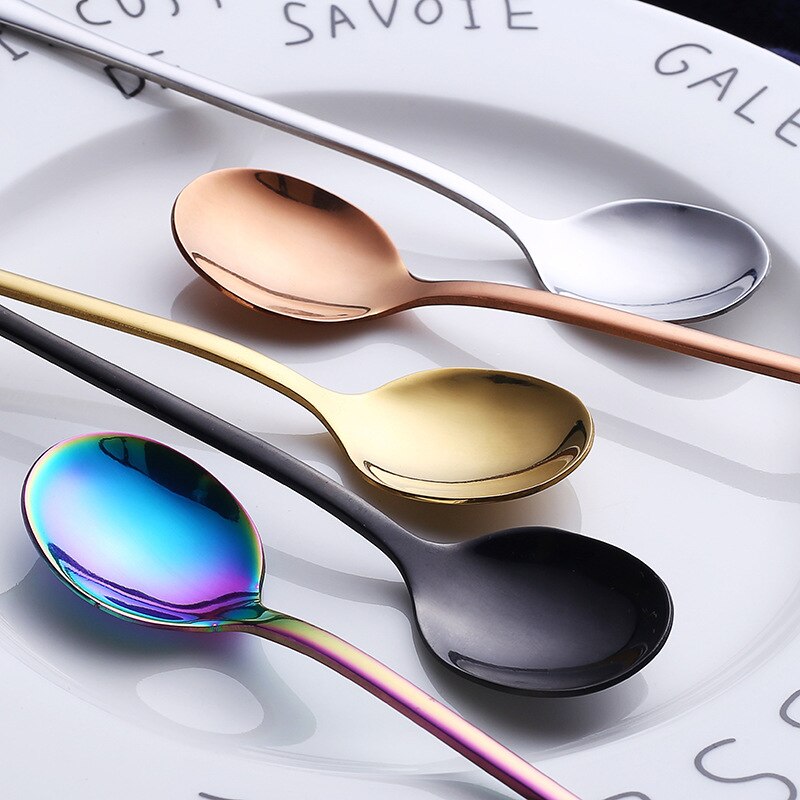 19.5cm Stainless Steel Round Head Spoon Rainbow Coffee Mixing Spoon Set Cold Drink Colorful Dessert Ice Spoon Flatware 6pcs/set