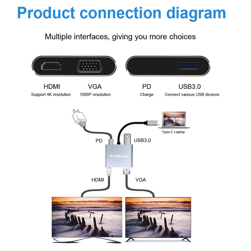 Kawbrown 4 em 1 multi usb c docking station adaptador expandir para usb 3.0/saída hdmi/vga/pd carga para portátil macbook xiaomi huawei