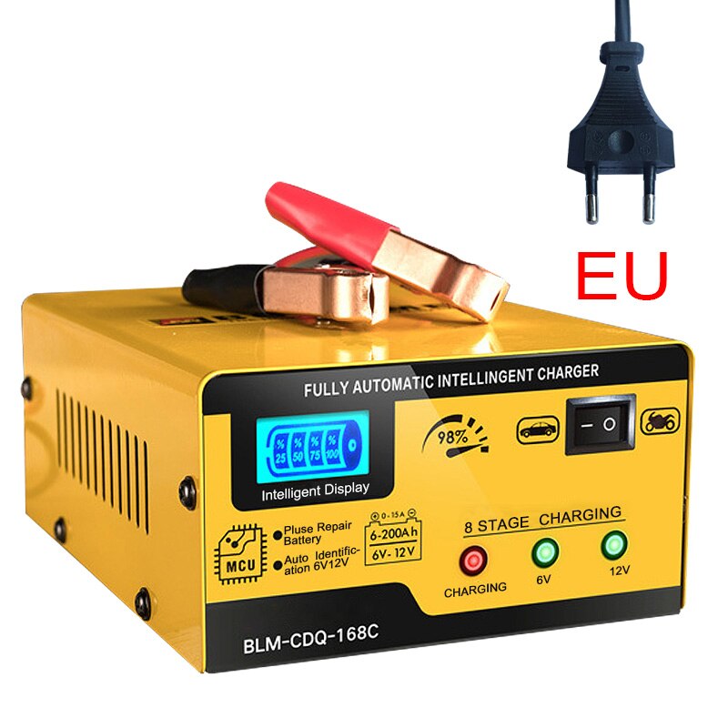 Batería de coche de 6V 12V Charger15A AGM, reparación inteligente de pulso de batería de arranque 200AH para coche, motocicleta, plomo ácido Agm, Gel húmedo: Yellow-EU