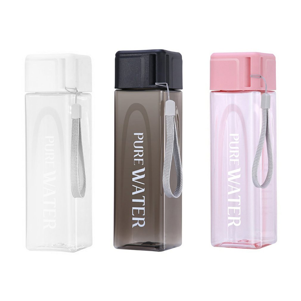 Botella de agua de 480ml, botella cuadrada de plástico transparente mate para beber al aire libre, botella deportiva para leche y zumo con cuerda portátil de Leakproop