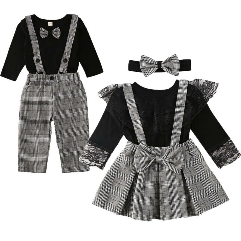 Cathery lillasyster bror matchande outfits byxa hängslen byxor spets volang t-shirt rutig kjol pannband klädsats