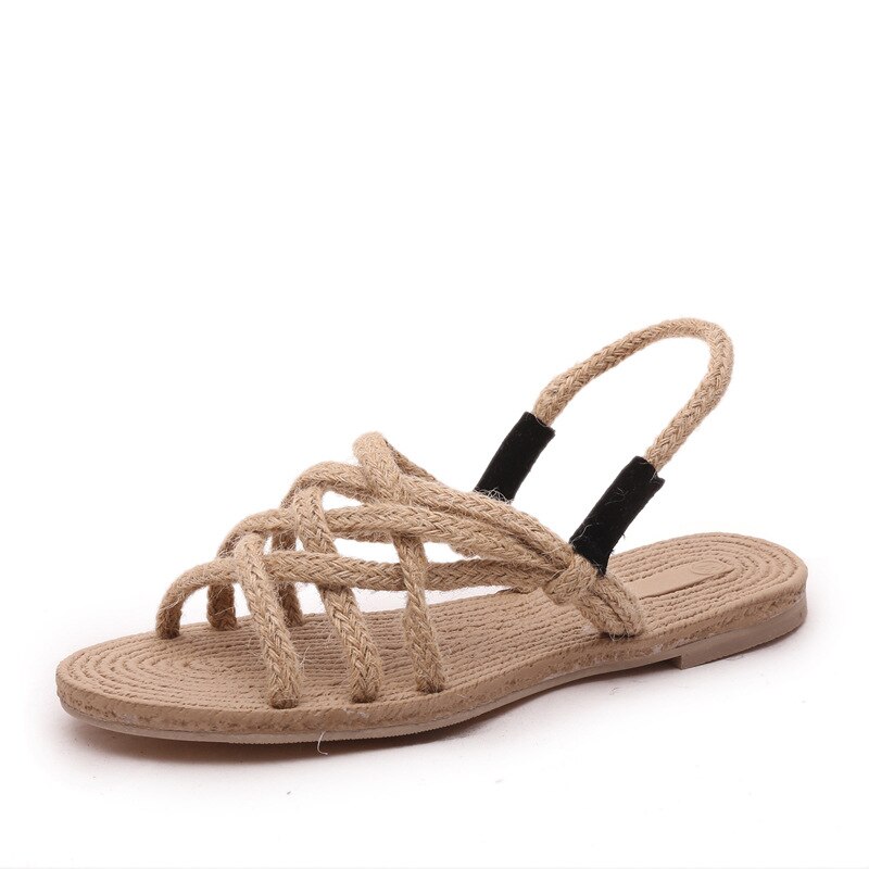 Reb sandaler kvinder sommer rom stil lejligheder sko hamp dame strand sko sandalias de mujer verano peep toe: Beige / 7.5