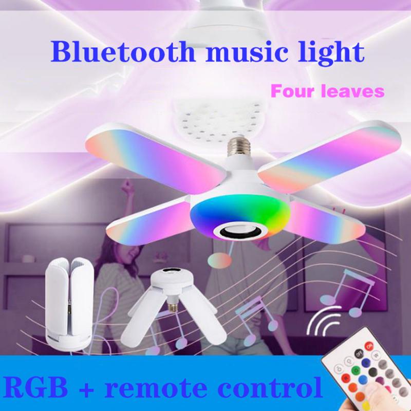 50W E27 Smart Plafondlamp Bluetooth Muziek Lamp Rgb Led Vier-Blad Vervorming Gloeilamp Met Afstandsbediening vouwen Nachtlampje