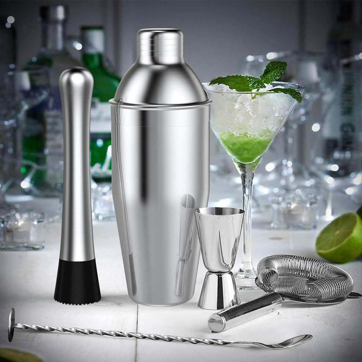 14pcs Stainless Steel Cocktail Shaker Set 550/750ml Kit Mixer Drink Bartender Kit Bareware Tools Set With Bamboo Wood Rack Stand