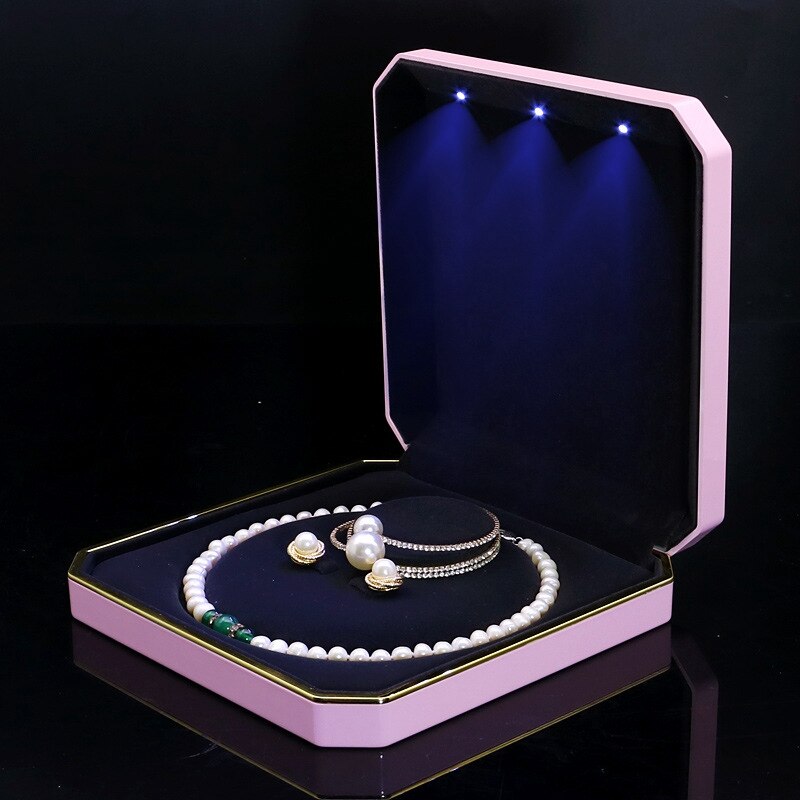 LED bijoux grand ensemble boîte organisateur perle boucle d'oreille collier affichage coffrets pour mariage pliable en plastique bijoux mallette de rangement: Pink style 1