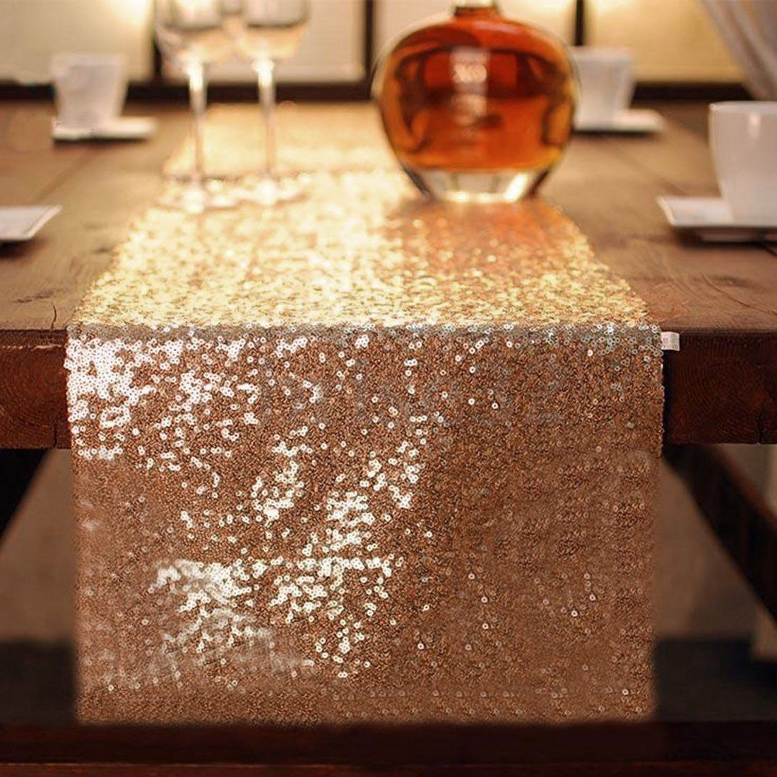 Gold Silver Tone Champagne Sequin Table Runner 12"x108" Sparkly Wedding Decor: Light Yellow / 30x300
