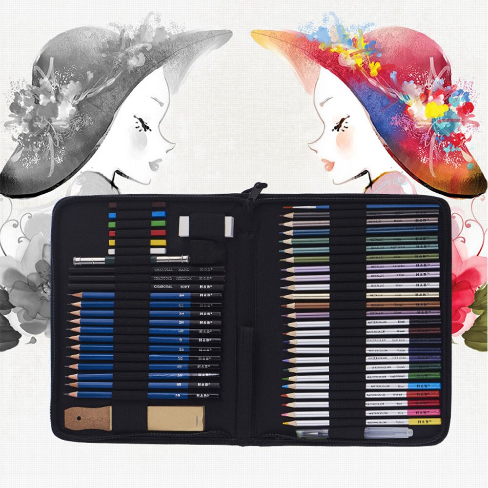 51Pcs/Set Drawing Kit Wood Pencil Sketching Pencils Art Sketch Painting Supplies With Carrying Bag