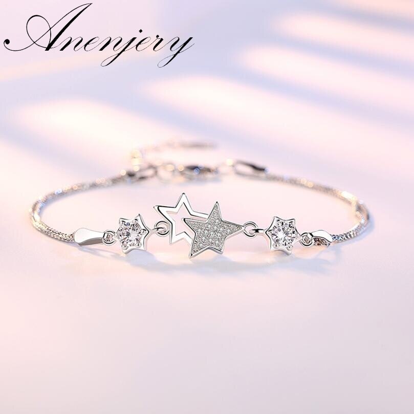 Anenjery Zilver Kleur Armbanden & Bangles Zirkoon Crystal Star Perzik Bloesem Bloem Pulseira Feminina S-B30: white zircon