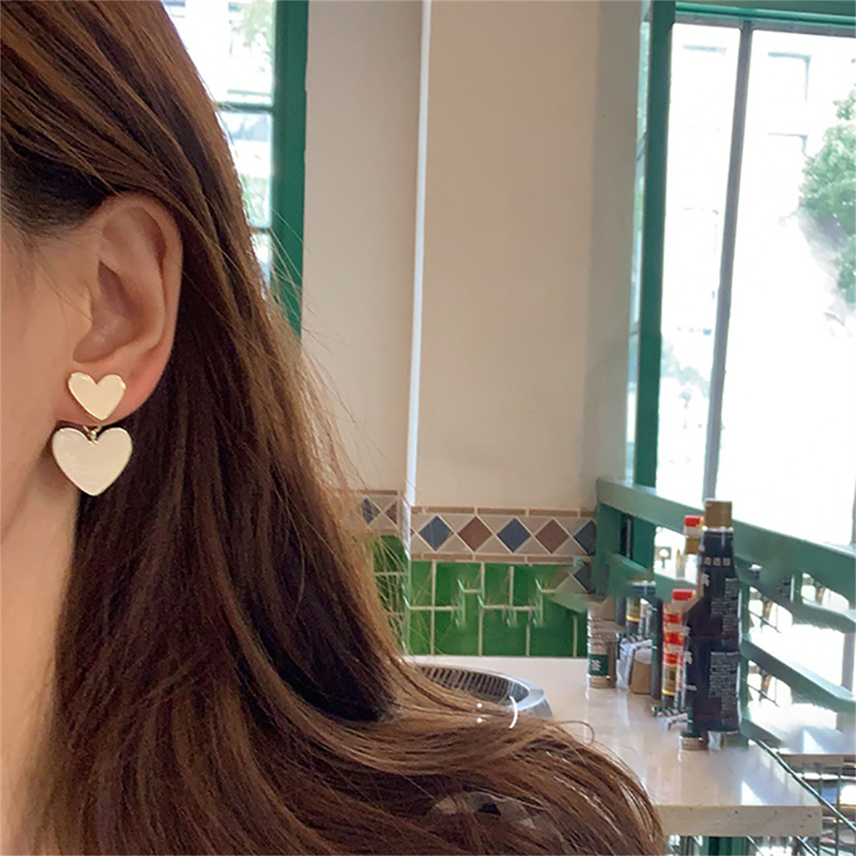 Boucles d'oreilles coréennes à Double cœur pour femmes, doux, blanc, vert, asymétriques, amour, déclaration, bijoux de fête pour filles,
