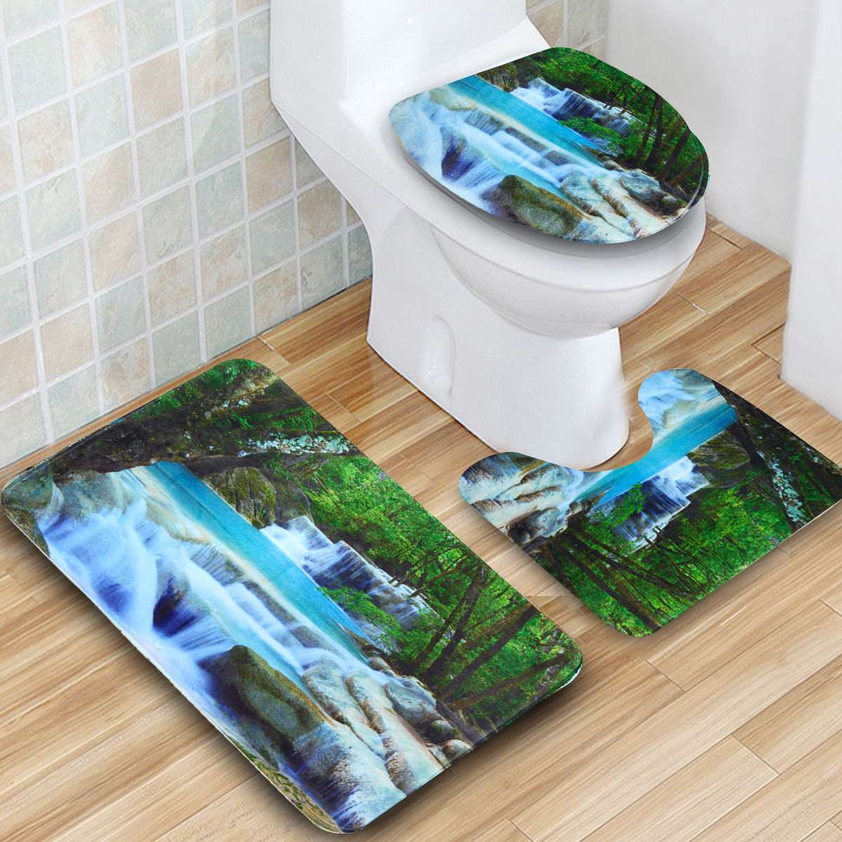 3D Waterval Landschap Waterdicht Douchegordijn Badkamer Landschap Bomen Bloem Badmat Set Voetstuk Tapijt Deksel Wc Cover