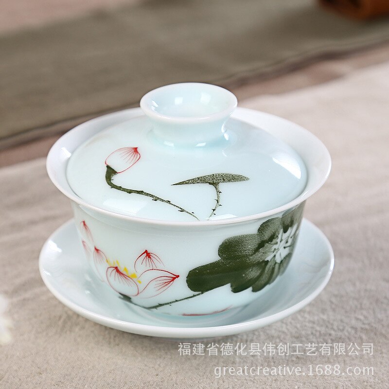 Cuenco De cobertura grande De porcelana Longquan Qing pintado a mano, cuenco De cobertura De tres solo cuenco, juego De té Kung Fu, ópera De cerámica Gaiwan: 1