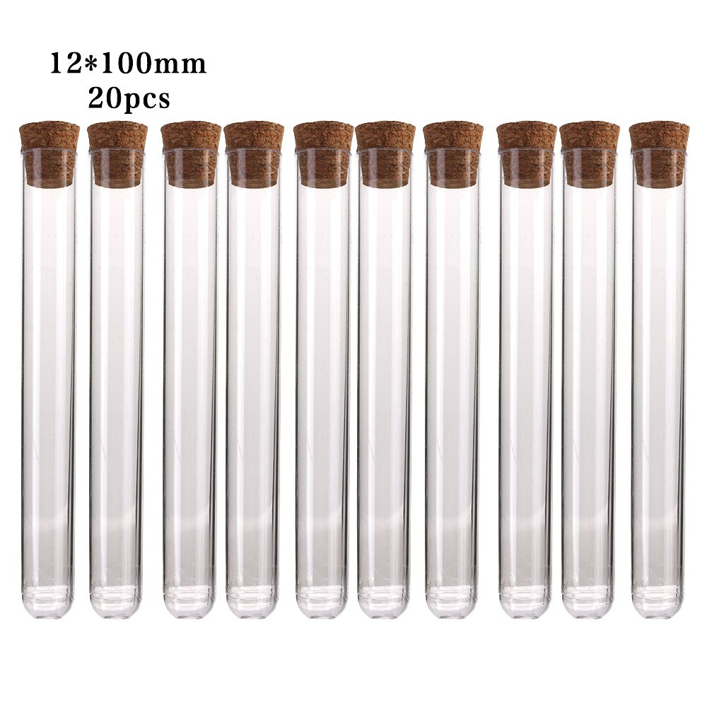 20 pièces/ensemble Tube à essai en plastique avec liège pour laboratoire fournitures de laboratoire scolaire Transparent bouteille vide 12x100mm