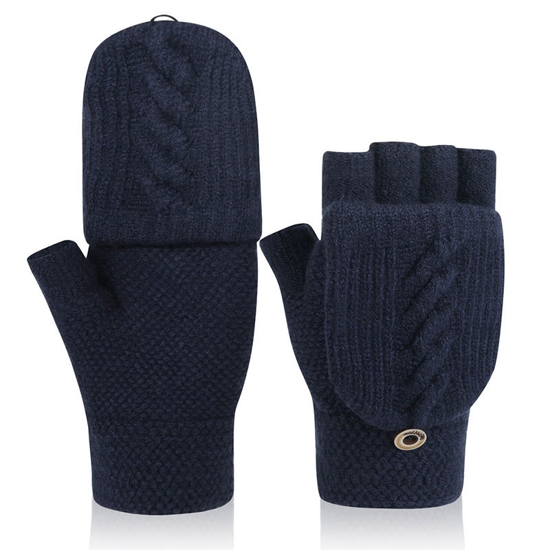 Vinter mænds jacquard fingerfri flap uld strikkede handsker sport fitness elastisk berøringsskærm tykkere varm kørsel mittnes  l42l: Mørkeblå