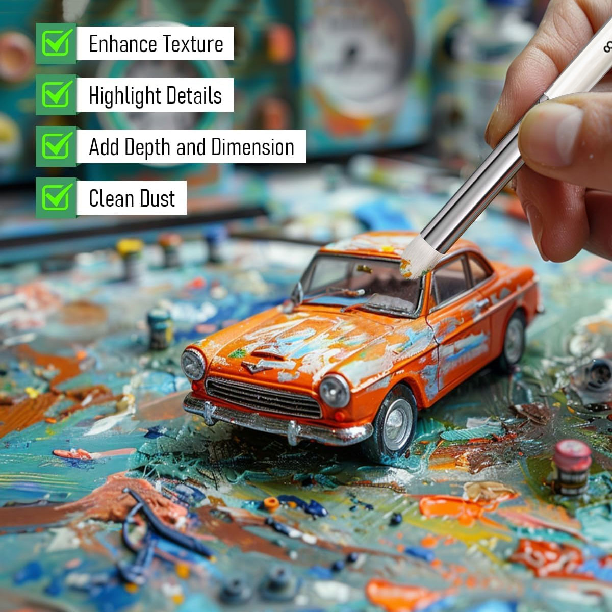 3 pincéis de lã, detalhes profissionais de pintura em miniatura, pincéis secos com cabo de madeira maciça, adequados para miniat