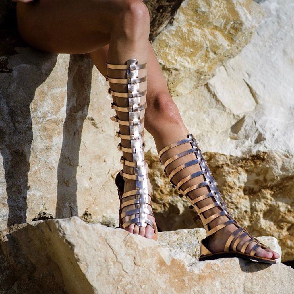 Sandales à bout ouvert pour femmes, chaussures d'extérieur, plates et décontractées, bottes hautes rétro, été