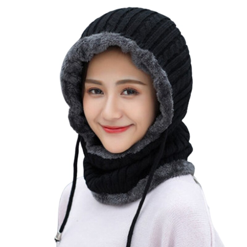 Pasamontañas de punto con Cable para mujer, gorro térmico forrado de felpa, a prueba de viento, con cordón, cubierta completa, capucha, bufanda, Invierno: E
