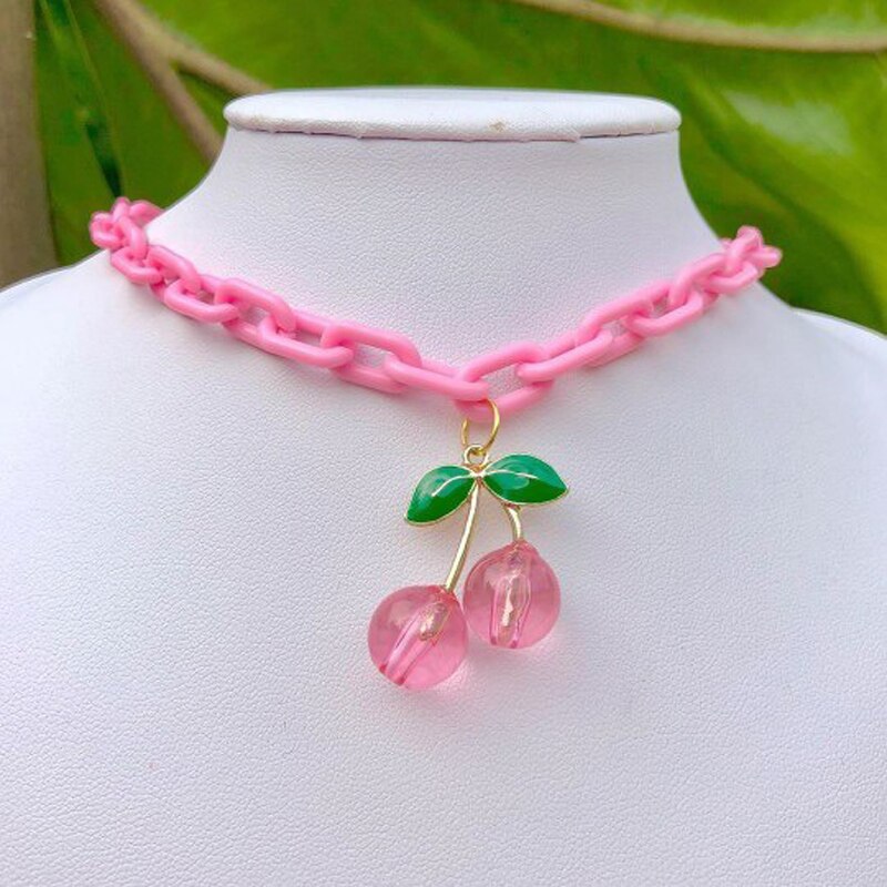 Pink kirsebær gennemsigtig akryl kæde vedhæng halskæde til kvinder pige sød frugt choker halskæde statement smykker: Default Title