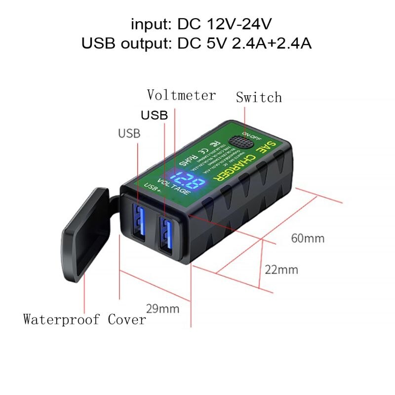 Motorrad-doppel-usb-ladegerät ( 2.4ax sae-auf-usb-adapter) mit voltmeter und ein-/ausschalter ( q81f stück)