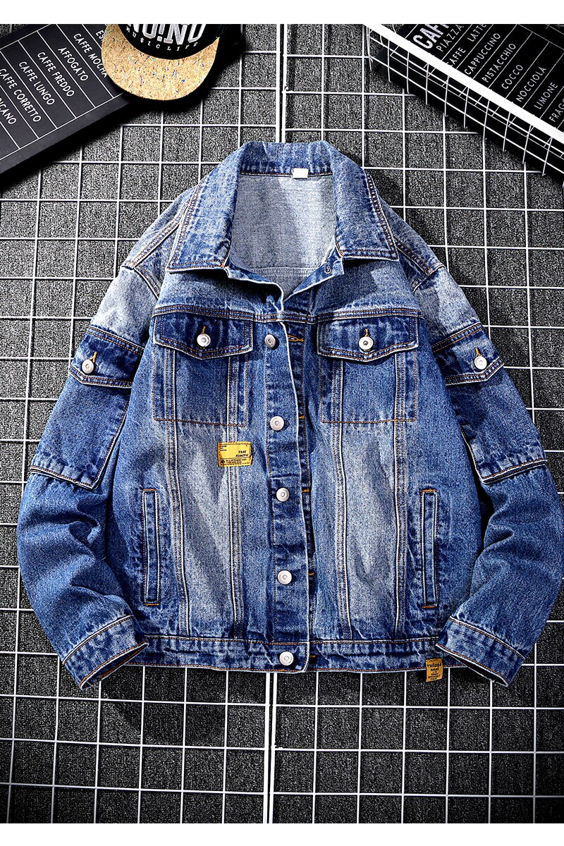 multi-pocket tooling denim jacket men's loose casual washed Cargo jeans jacket Cowboy Outwear Coat