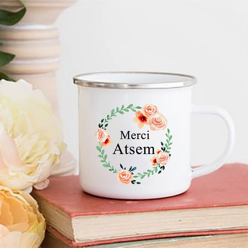 Merci atsem blomma tryck muggar kaffe te koppar drycker vatten mjölk kopp emalj mugg skolhandtag drinkware atsem: Xh10043-a015wh-8