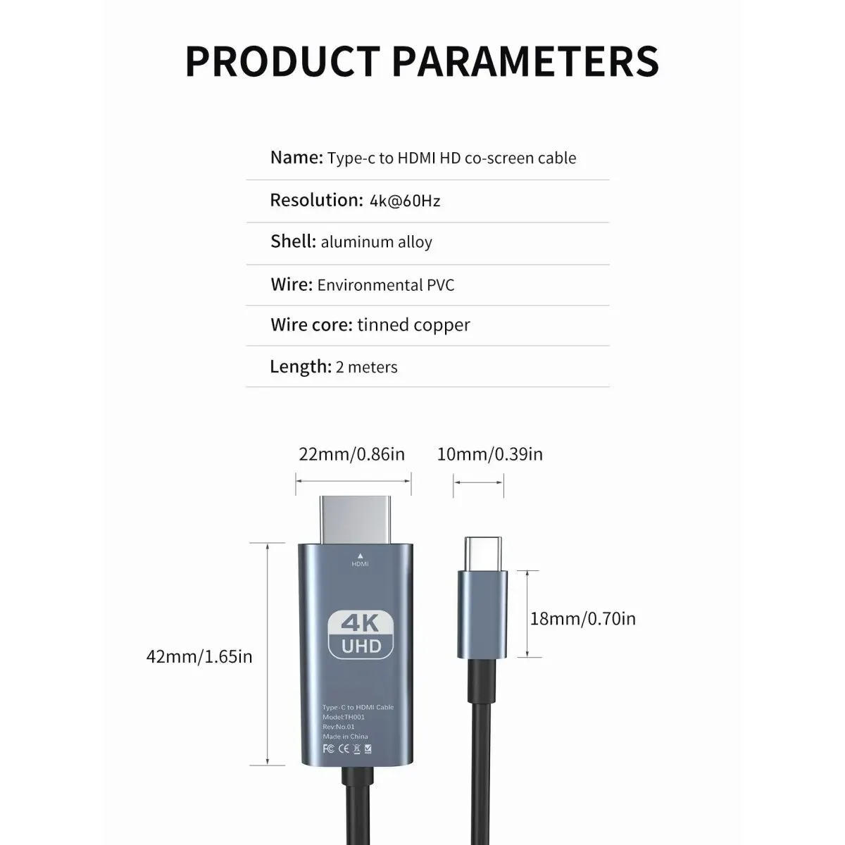 Kabel konwertujący wideo 4K 60Hz HD Type-C na HDMI, kabel do podłączenia ekranu, TV, komputera, 2 metry, oplot, kabel do projekcji na ekran