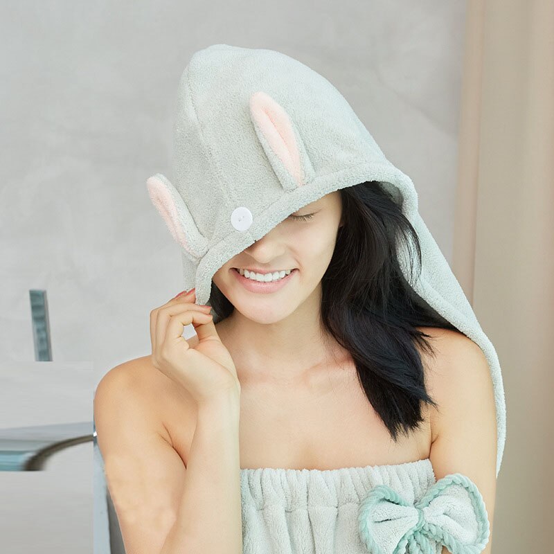 Søde kanin badehåndklæde hår tørre hurtigtørrende dame badehåndklæde blød bruserhue hat til dame børn turban hoved wrap wrap værktøjer: Grøn