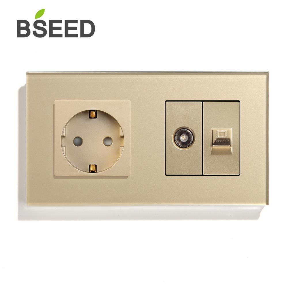 BSEED EU Standard Steckdose TV PC Mit Buchse Kristall Glas Tafel Weiß Schwarz Goldene EU Standard