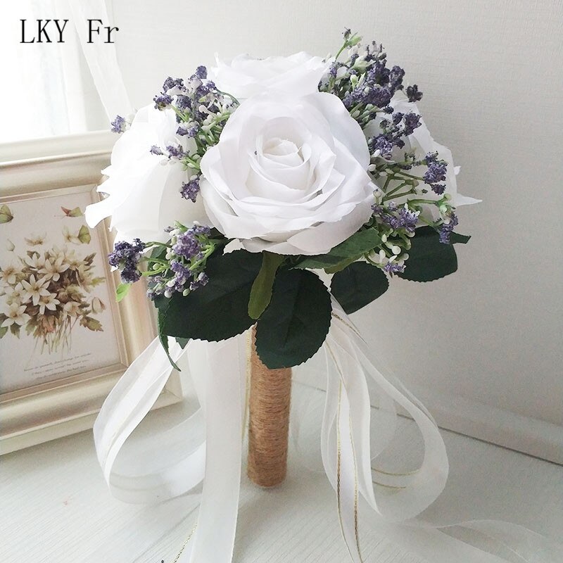 Lky fr bryllupsbukett brudepike brudebukett kunstige roser hvit silke blomster jente bukett bryllupstilbehør hjemmeinnredning: Hvit bukett