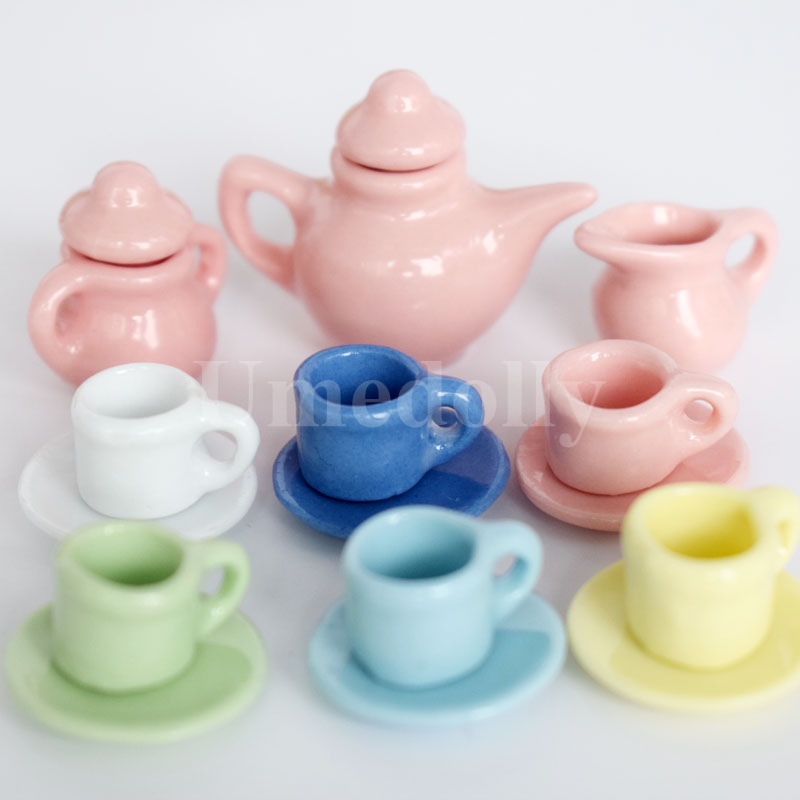 Cute Colorful 1/12 Dollhouse Miniature Porcelain Tea Cup Dish Sets Mini Teapot Pretend Play Kitchen Tableware Toy