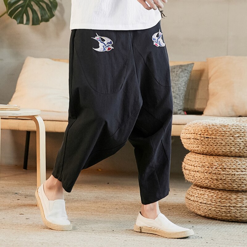 5xl herre bukser i skridtet sommer baggy hørbukser plus størrelse mandlige elastik talje swarrow print vilde ben cross bukser xxxxxl