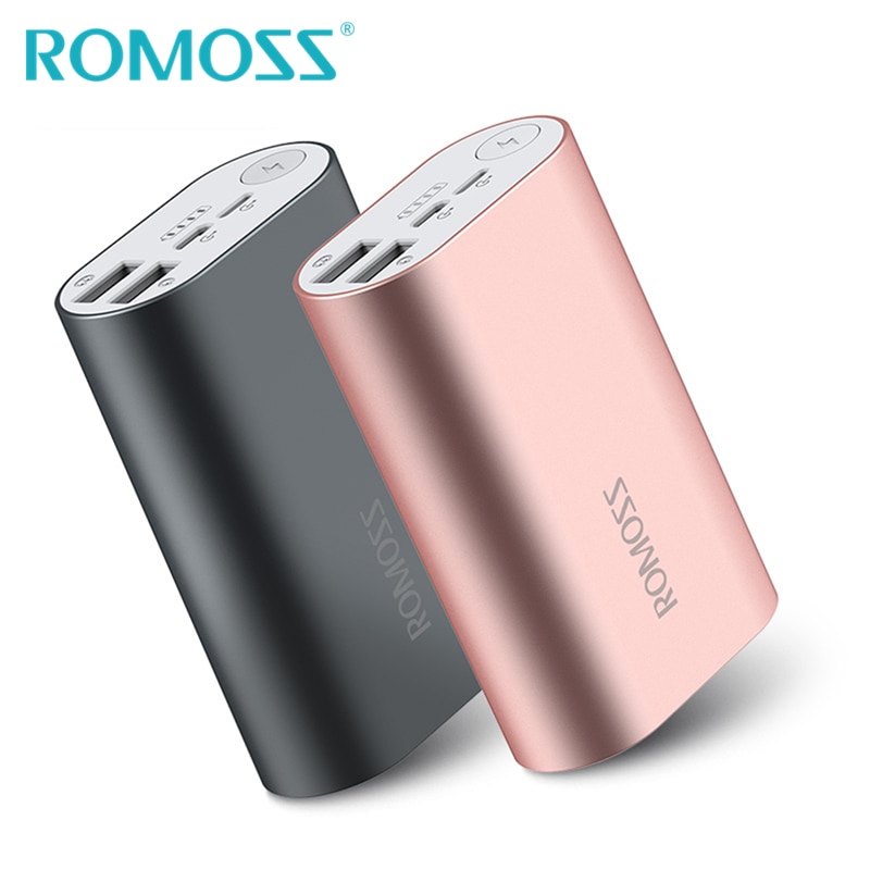 ROMOSS ACE10 10000mAh mini banco de energía de aleación de aluminio, paquete de batería externa con 2 puertos de entrada y salida USB Dual de 5V/2.1A