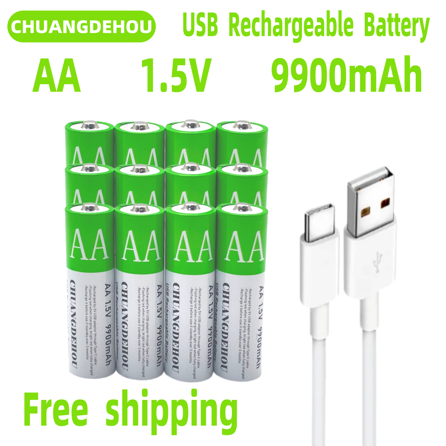1,5 V Aa/Aaa lithiumbatterij Type-C snel opladen 9900 mAh + 6800 mAh hoge capaciteit groen en wit milieuvriendelijk twee kleuren geschikt voor afstandsbediening/speelgoed/camera/muis (2+2 secties)