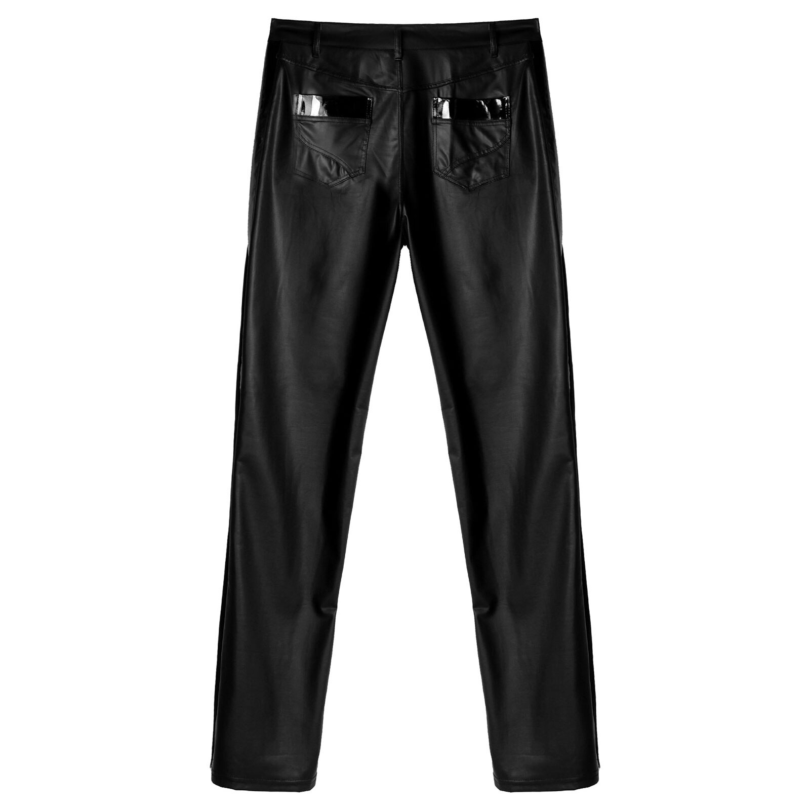 Men Black Long Pants Wet Look Faux Leather Patchwork Legging Pants Clubwear Motorcycle Mid Waist Trousers with Pockets