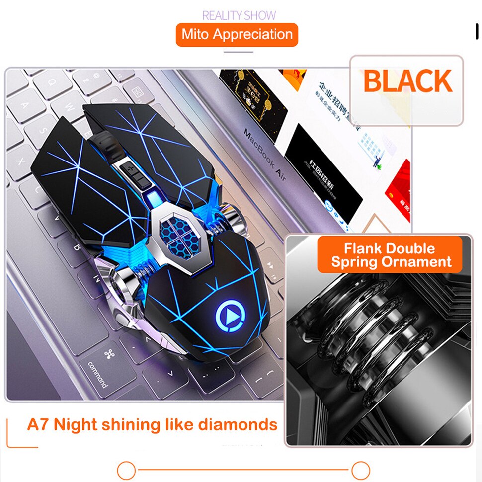 CHYCET Wireless Mouse Rechargeable Silent Gaming Mouse 1600 DPI LED Backlit 2.4G 7 Keys Computer Mouse For Laptop PC Gamer